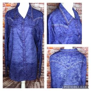 Wrangler Retro Blue Western Pearl Snap Button Down Embroidered Blouse